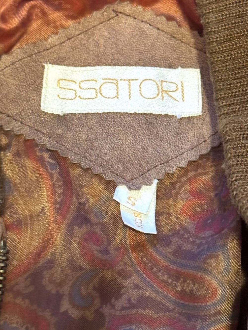 SSatori Genuine Leather Bomber Jacket Brown Ribbed Collar & Cuffs - Picture 3 of 12